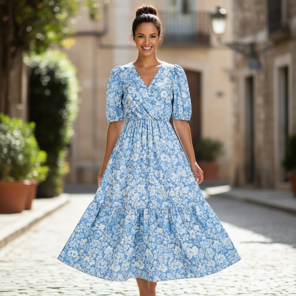 A person wearing a blue floral dress