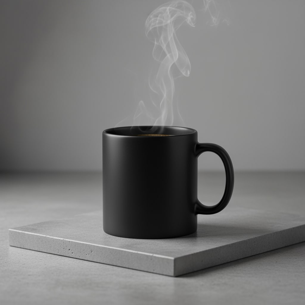 Matte black ceramic mug on a stone slab